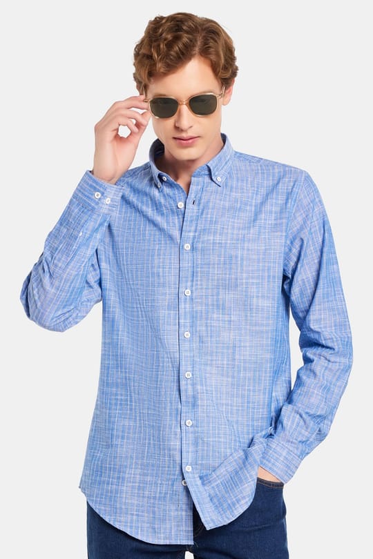 Erkek Slim Fit Dar Kesim Uzun Kol Düğmeli Spor Yaka Keten Efekt %100 Pamuk Çizgili Yazlık Gömlek