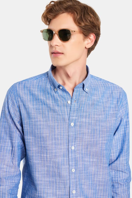 Erkek Slim Fit Dar Kesim Düğmeli Spor Yaka Keten Efekt %100 Pamuk Çizgili Yazlık Lacivert Gömlek