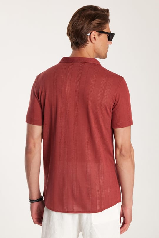 Erkek Slim Fit Örme Kumaş Apaş Yaka Rahat Kullanım Kısa Kol Kiremit Gömlek