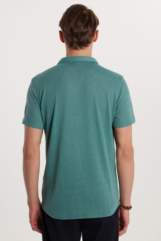Erkek Slim Fit Dar Kesim Kısa Kollu Örme Doku Apaş Yaka Yeşil Gömlek