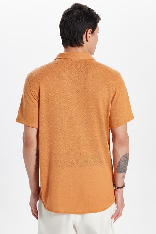 Erkek Slim Fit Dar Kesim Kısa Kollu Örme Doku Apaş Yaka Turuncu Gömlek