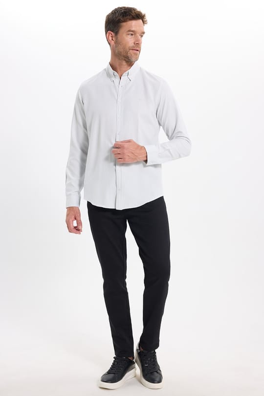 Erkek Slim Fit Dar Kesim Düz Oxford Armalı Düğmeli Yaka Gri Spor Gömlek