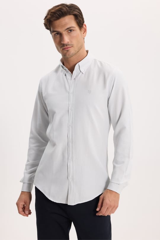 Erkek Slim Fit Dar Kesim Düz Oxford Armalı Düğmeli Yaka Gri Spor Gömlek