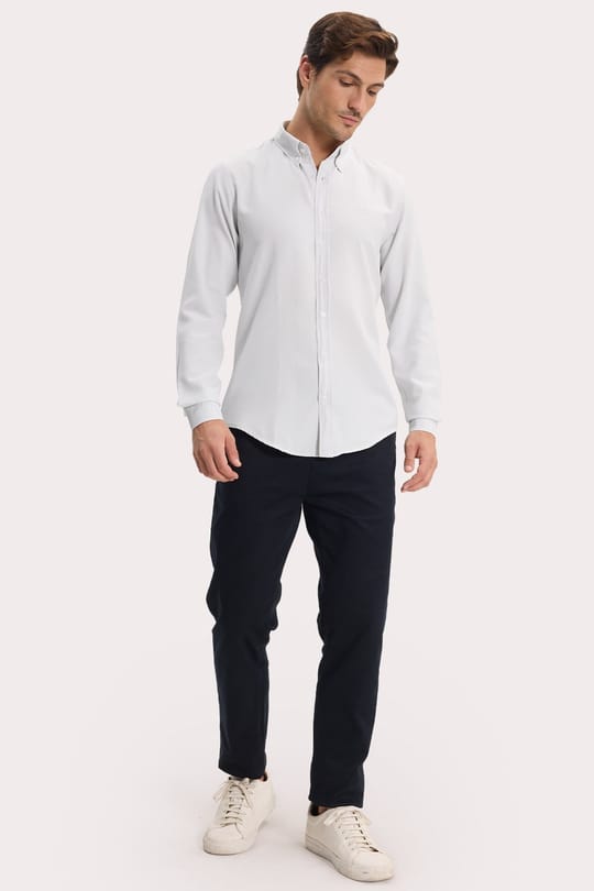 Erkek Slim Fit Dar Kesim Düz Oxford Armalı Düğmeli Yaka Gri Spor Gömlek