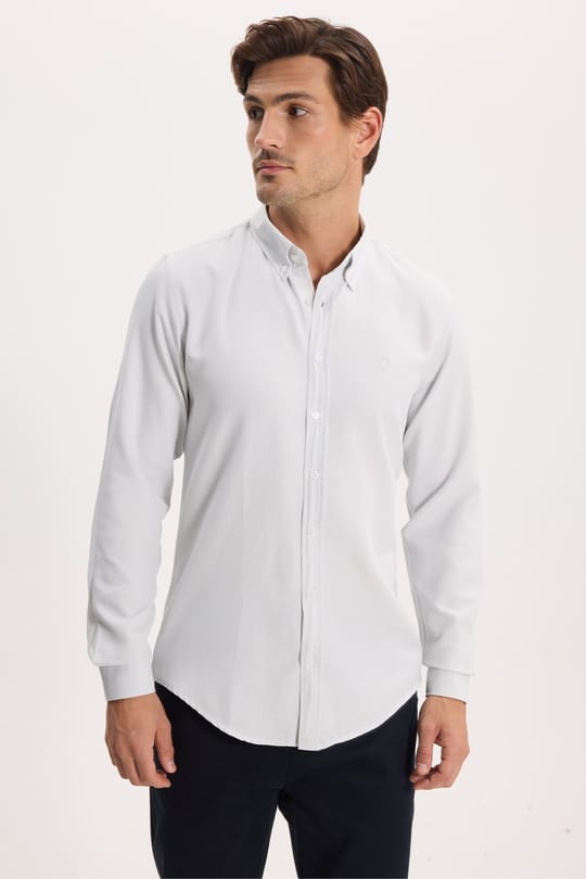 Erkek Slim Fit Dar Kesim Düz Oxford Armalı Düğmeli Yaka Gri Spor Gömlek