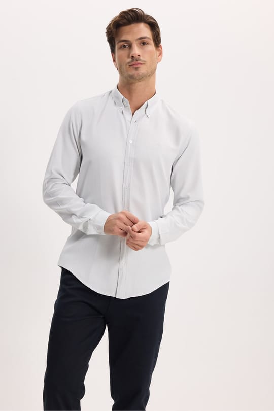 Erkek Slim Fit Dar Kesim Düz Oxford Armalı Düğmeli Yaka Gri Spor Gömlek