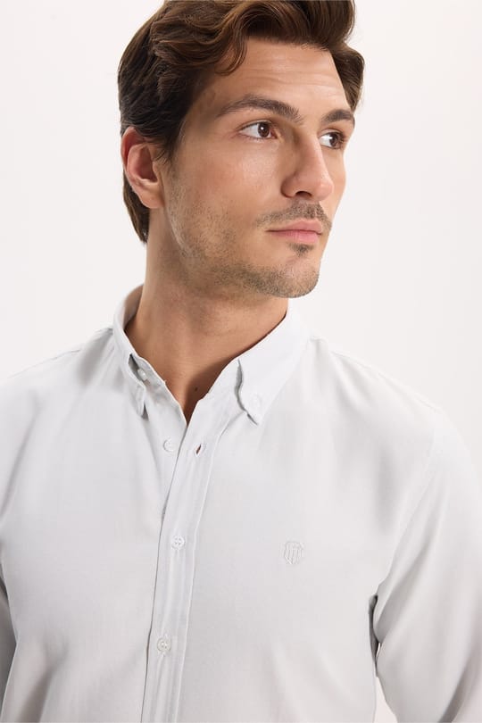 Erkek Slim Fit Dar Kesim Düz Oxford Armalı Düğmeli Yaka Gri Spor Gömlek