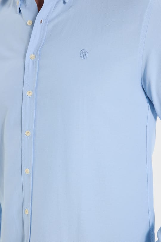 Erkek Slim Fit Dar Kesim Düz Oxford Armalı Düğmeli Yaka Mavi Spor Gömlek