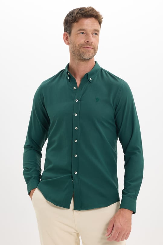 Erkek Slim Fit Dar Kesim Düz Oxford Armalı Düğmeli Yaka Haki Spor Gömlek