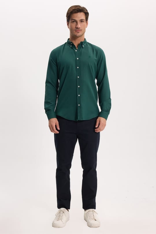 Erkek Slim Fit Dar Kesim Düz Oxford Armalı Düğmeli Yaka Haki Spor Gömlek