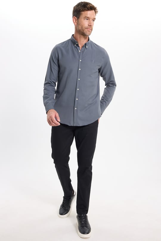Erkek Slim Fit Dar Kesim Düz Oxford Armalı Düğmeli Yaka Antrasit Spor Gömlek