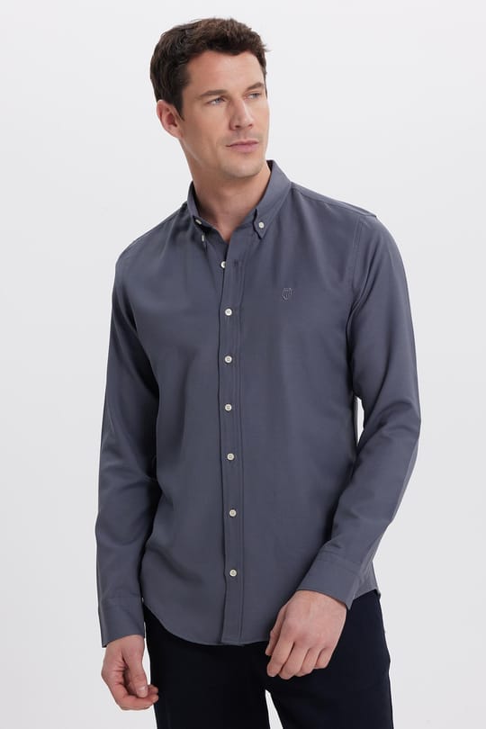 Erkek Slim Fit Dar Kesim Düz Oxford Armalı Düğmeli Yaka Antrasit Spor Gömlek