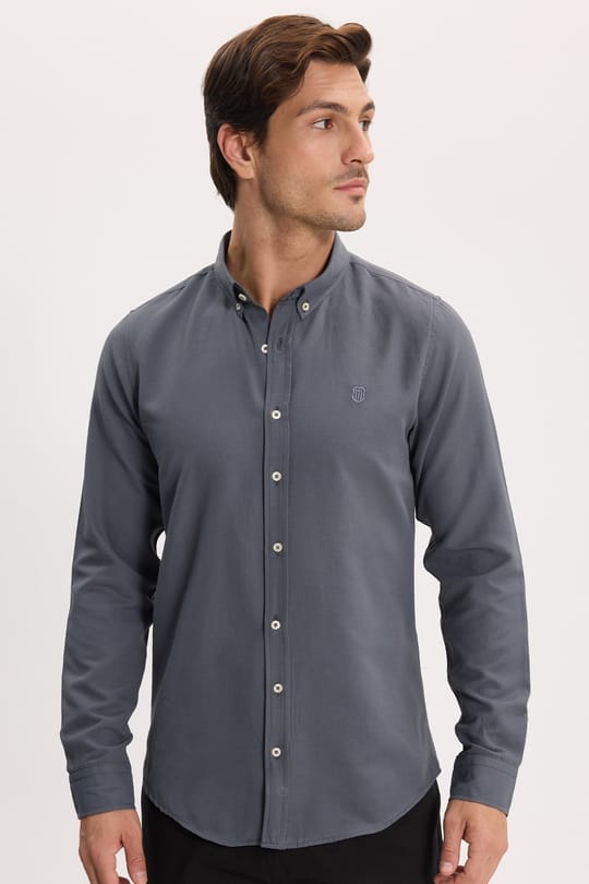 Erkek Slim Fit Dar Kesim Düz Oxford Armalı Düğmeli Yaka Antrasit Spor Gömlek