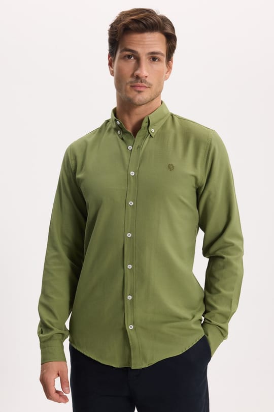 Erkek Slim Fit Dar Kesim Düz Oxford Armalı Düğmeli Yaka Yeşil Spor Gömlek