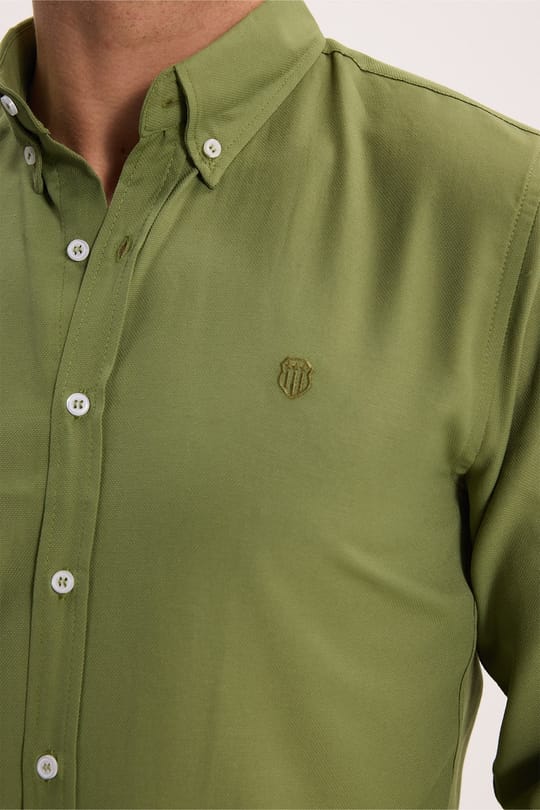 Erkek Slim Fit Dar Kesim Düz Oxford Armalı Düğmeli Yaka Yeşil Spor Gömlek