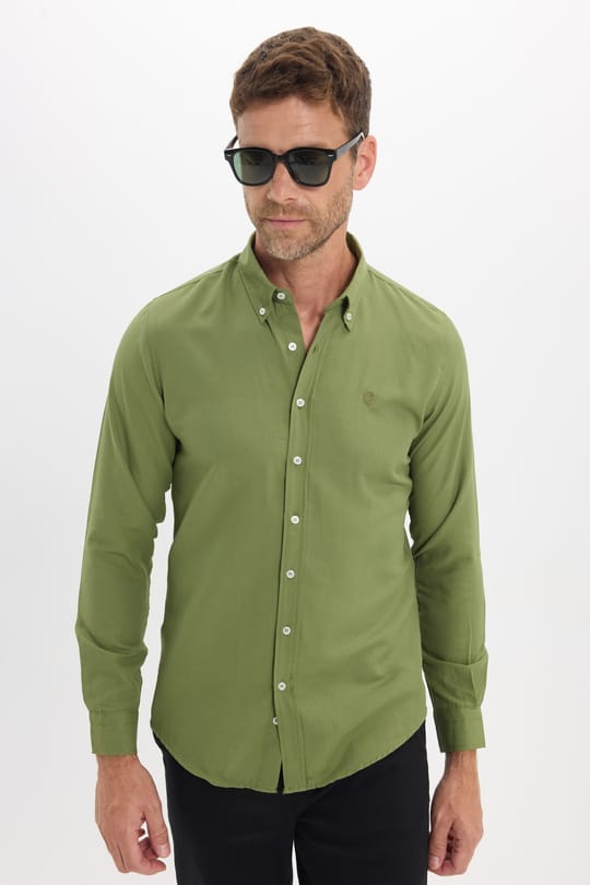Erkek Slim Fit Dar Kesim Düz Oxford Armalı Düğmeli Yaka Yeşil Spor Gömlek