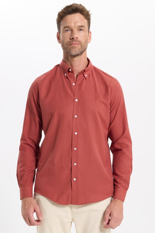 Erkek Slim Fit Dar Kesim Düz Oxford Armalı Düğmeli Yaka Kiremit Spor Gömlek