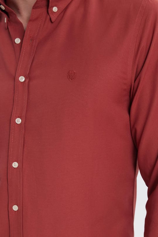 Erkek Slim Fit Dar Kesim Düz Oxford Armalı Düğmeli Yaka Kiremit Spor Gömlek
