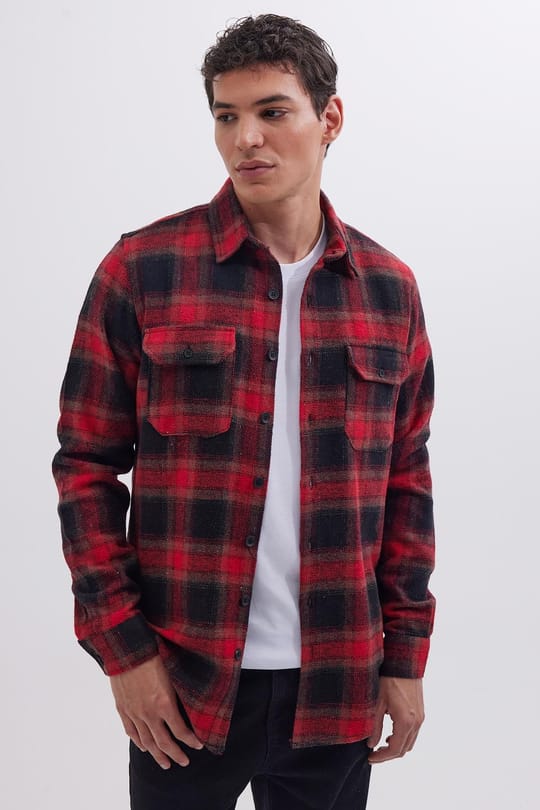 Erkek Slim Fit Dar Kesim Çift Cepli Kapaklı Spor Yaka Kareli Oduncu Gömlek