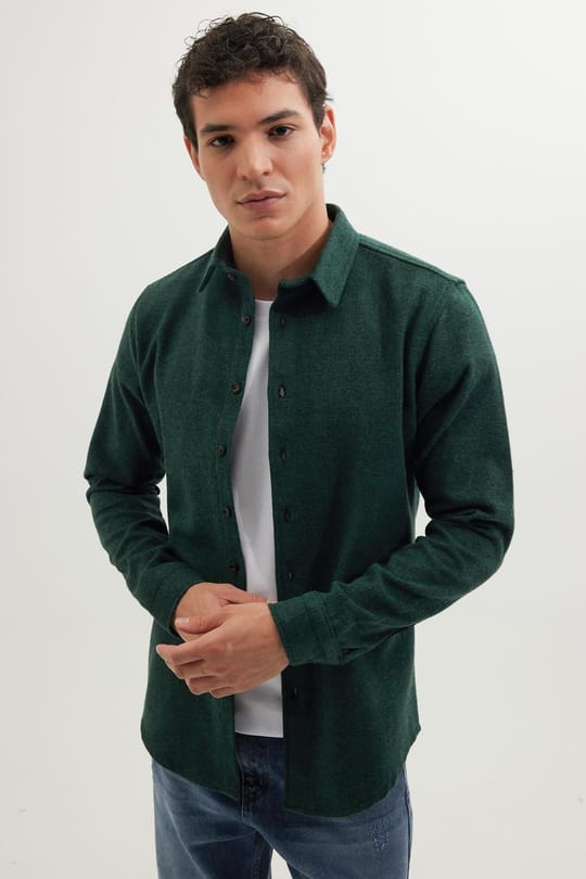 Erkek Slim Fit Dar Kesim Uzun Kollu Düz Kışlık Oduncu Yeşil Gömlek