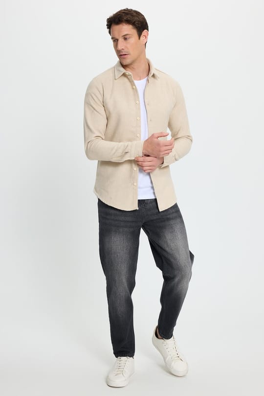 Erkek Slim Fit Dar Kesim Uzun Kollu Düz Kışlık Oduncu Bej Gömlek