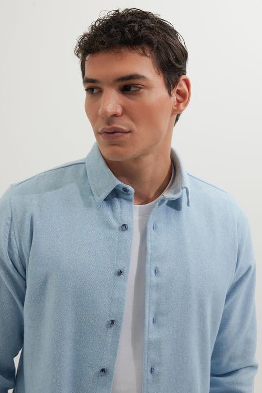 Erkek Slim Fit Dar Kesim Uzun Kollu Düz Kışlık Oduncu Mavi Gömlek
