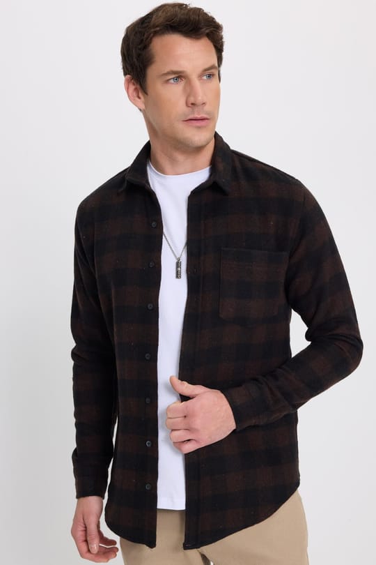 Erkek Slim Fit Dar Kesim Uzun Kollu Cepli Kareli Dama Desenli Kışlık Oduncu Gömlek