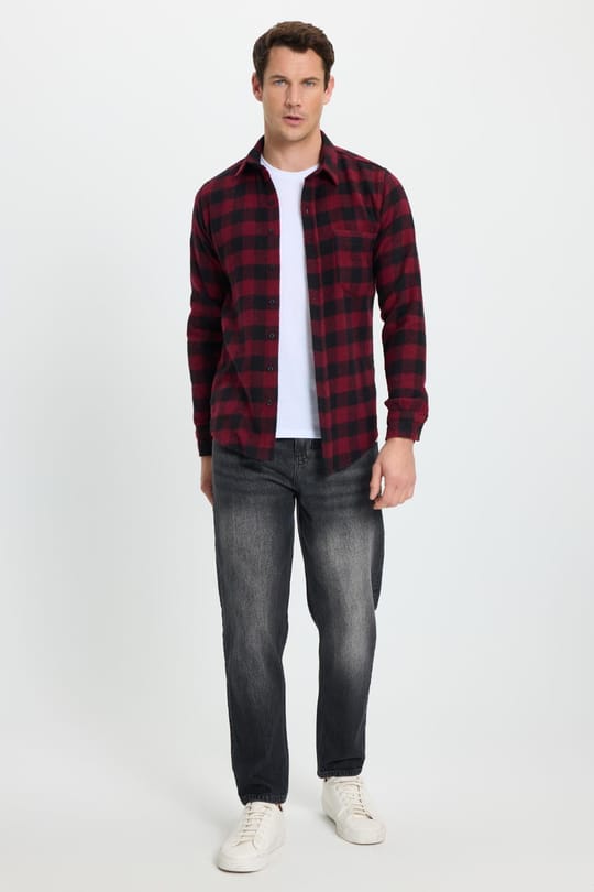 Erkek Slim Fit Dar Kesim Uzun Kollu Cepli Kareli Dama Desenli Kışlık Oduncu Gömlek