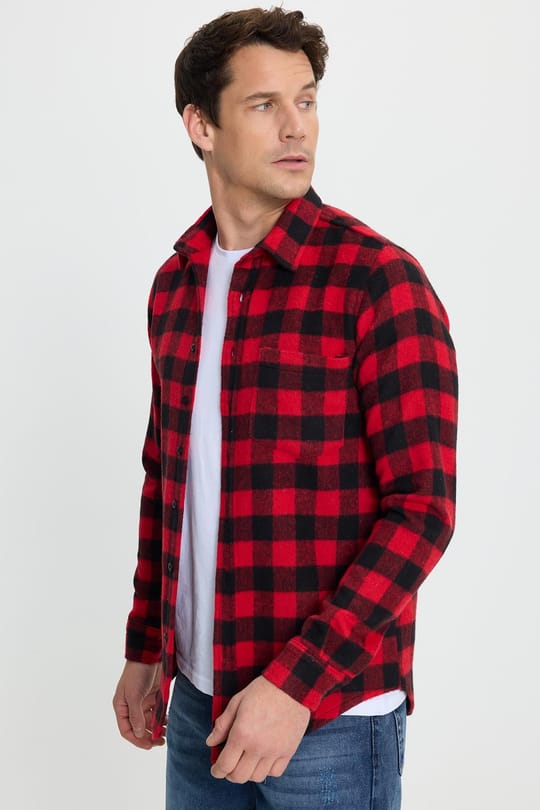 Erkek Slim Fit Dar Kesim Uzun Kollu Cepli Kareli Dama Desenli Kışlık Oduncu Gömlek