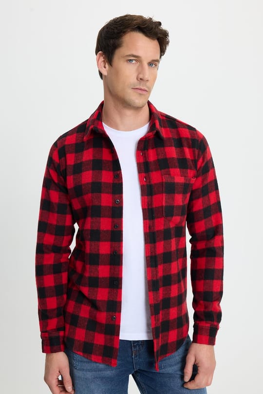 Erkek Slim Fit Dar Kesim Uzun Kollu Cepli Kareli Dama Desenli Kışlık Oduncu Gömlek
