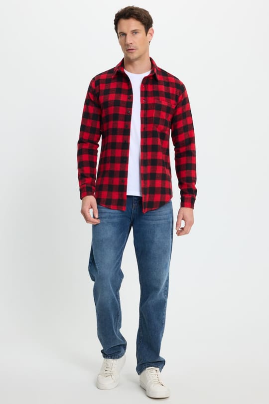 Erkek Slim Fit Dar Kesim Uzun Kollu Cepli Kareli Dama Desenli Kışlık Oduncu Gömlek
