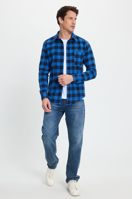 Erkek Slim Fit Dar Kesim Uzun Kollu Cepli Kareli Dama Desenli Kışlık Oduncu Gömlek