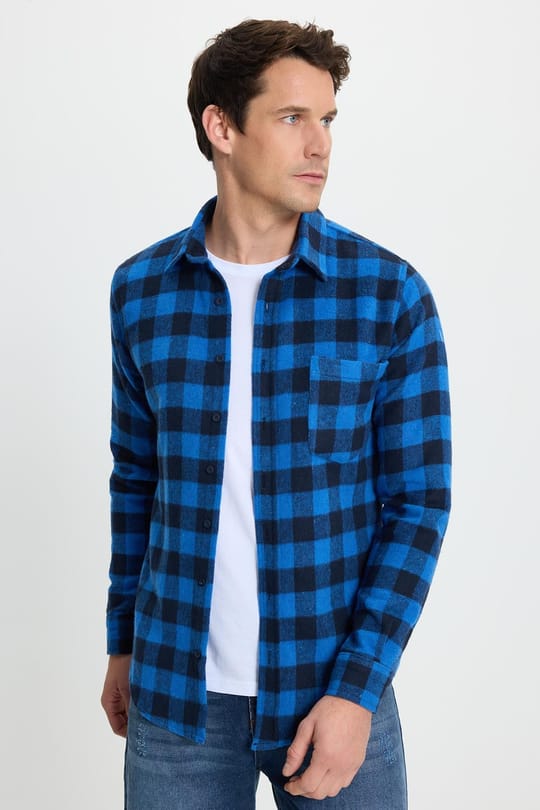 Erkek Slim Fit Dar Kesim Uzun Kollu Cepli Kareli Dama Desenli Kışlık Oduncu Gömlek