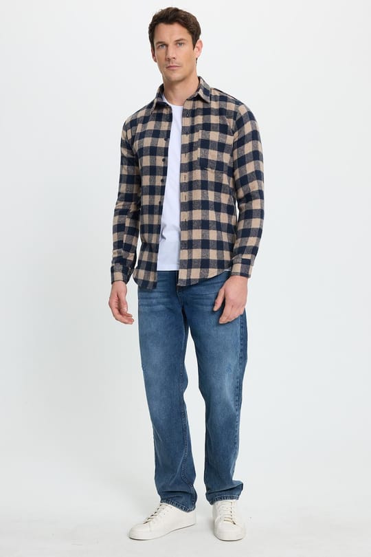 Erkek Slim Fit Dar Kesim Uzun Kollu Cepli Kareli Dama Desenli Kışlık Oduncu Gömlek