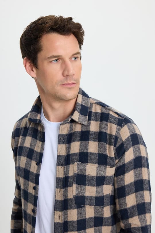 Erkek Slim Fit Dar Kesim Uzun Kollu Cepli Kareli Dama Desenli Kışlık Oduncu Gömlek