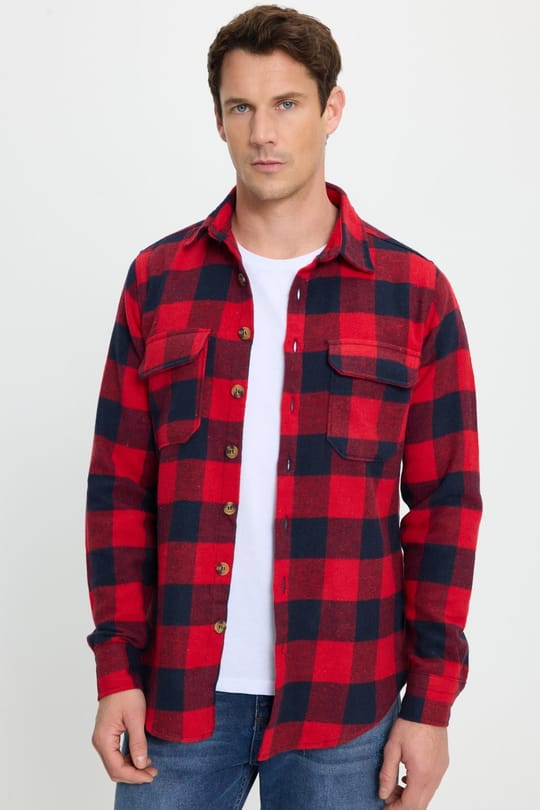 Erkek Slim Fit Dar Kesim Uzun Kollu Kapaklı Çift Cepli Kareli Kışlık Oduncu Gömlek