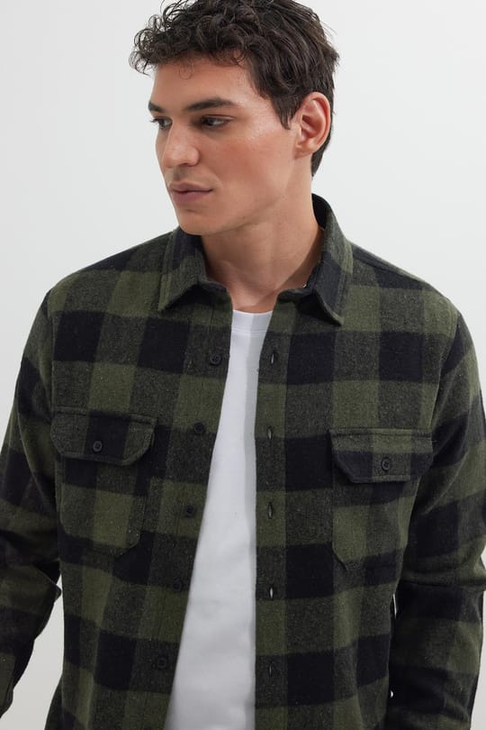 Erkek Slim Fit Dar Kesim Uzun Kollu Kapaklı Çift Cepli Kareli Kışlık Oduncu Gömlek