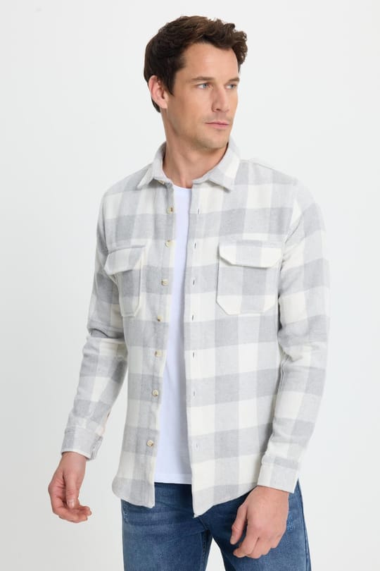 Erkek Slim Fit Dar Kesim Uzun Kollu Kapaklı Çift Cepli Kareli Kışlık Oduncu Gömlek