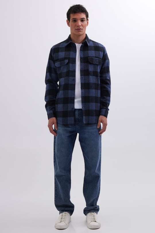 Erkek Slim Fit Dar Kesim Uzun Kollu Kapaklı Çift Cepli Kareli Kışlık Oduncu Gömlek