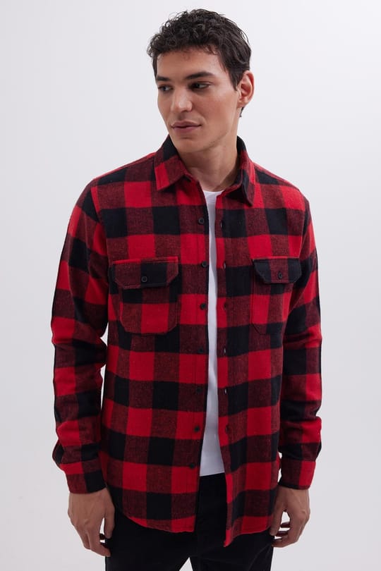 Erkek Slim Fit Dar Kesim Uzun Kollu Kapaklı Çift Cepli Kareli Kışlık Oduncu Gömlek