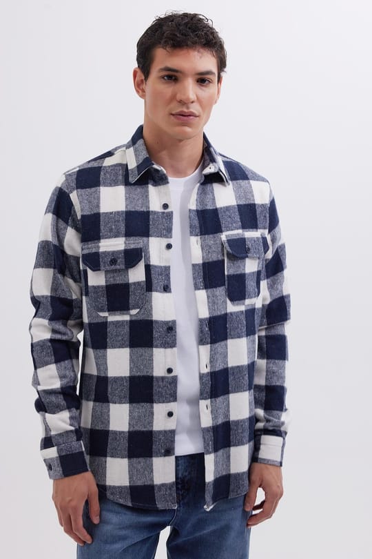 Erkek Slim Fit Dar Kesim Uzun Kollu Kapaklı Çift Cepli Kareli Kışlık Oduncu Gömlek