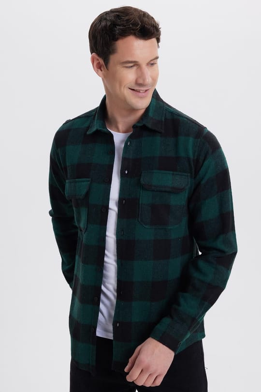 Erkek Slim Fit Dar Kesim Uzun Kollu Kapaklı Çift Cepli Kareli Kışlık Oduncu Gömlek