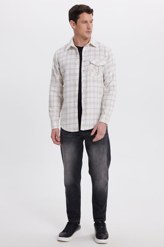 Erkek Slim Fit Dar Kesim Kareli Tek Cepli Oduncu Gömlek