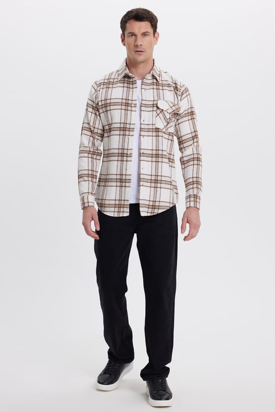 Erkek Slim Fit Dar Kesim Kareli Tek Cepli Oduncu Gömlek