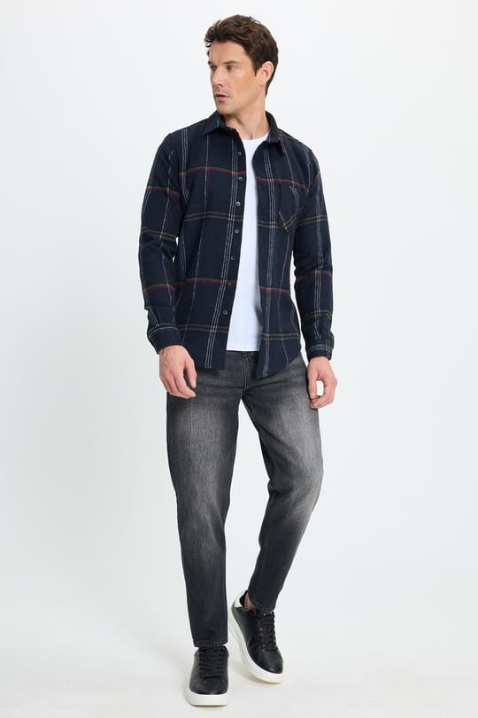 Erkek Slim Fit Dar Kesim Kareli Cepli Siyah Oduncu Gömlek