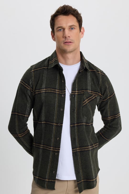 Erkek Slim Fit Dar Kesim Kareli Cepli Haki Oduncu Gömlek