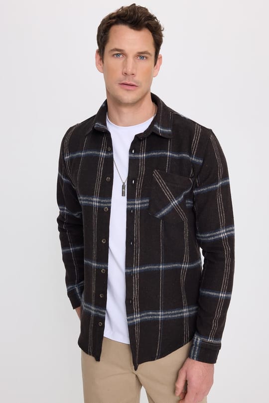 Erkek Slim Fit Dar Kesim Kareli Cepli Siyah Oduncu Gömlek