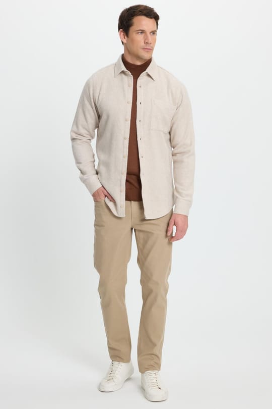 Erkek Slim Fit Dar Kesim  Armürlü Oduncu Cepli Spor Yaka Ekru Gömlek