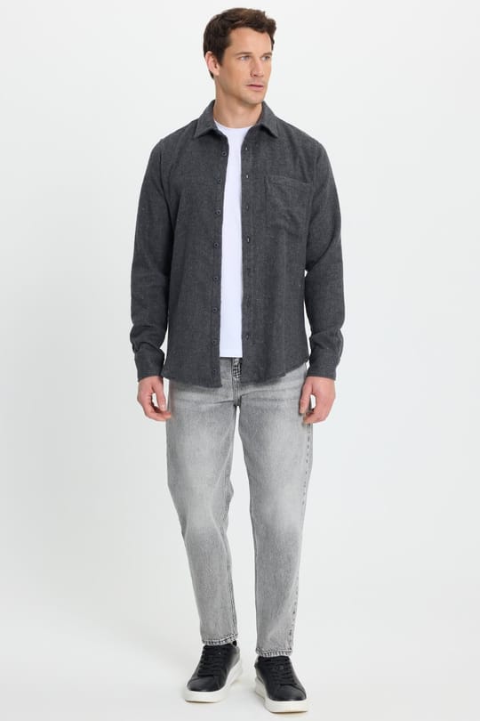 Erkek Slim Fit Dar Kesim  Armürlü Oduncu Cepli Spor Yaka Antrasit Gömlek