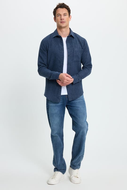 Erkek Slim Fit Dar Kesim  Armürlü Oduncu Cepli Spor Yaka İndigo Gömlek